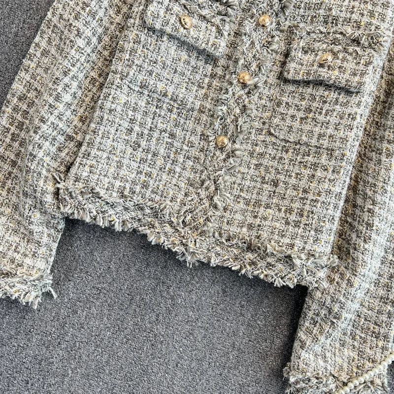 Hnewly  Woven Tweed Jacket Women Autumn Winter New Slim O-neck Single Breasted Coat Elegant Raw Edge Tassel Long Sleeve Blazer
