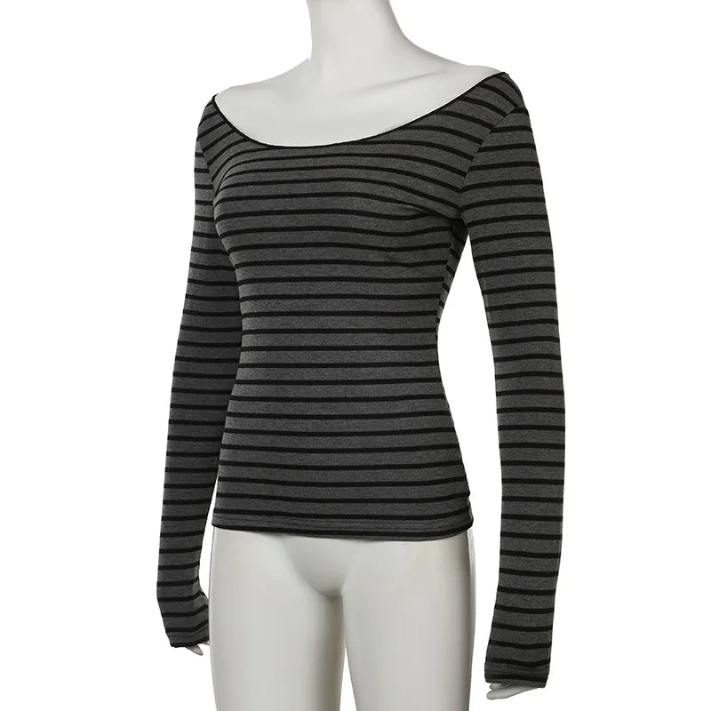 Hnewly Grunge Top y2k Clothes Women Cybercore Striped Off Shoulder Long Sleeve T Shirt 2000s Gothic Clothing Fall Streetwear