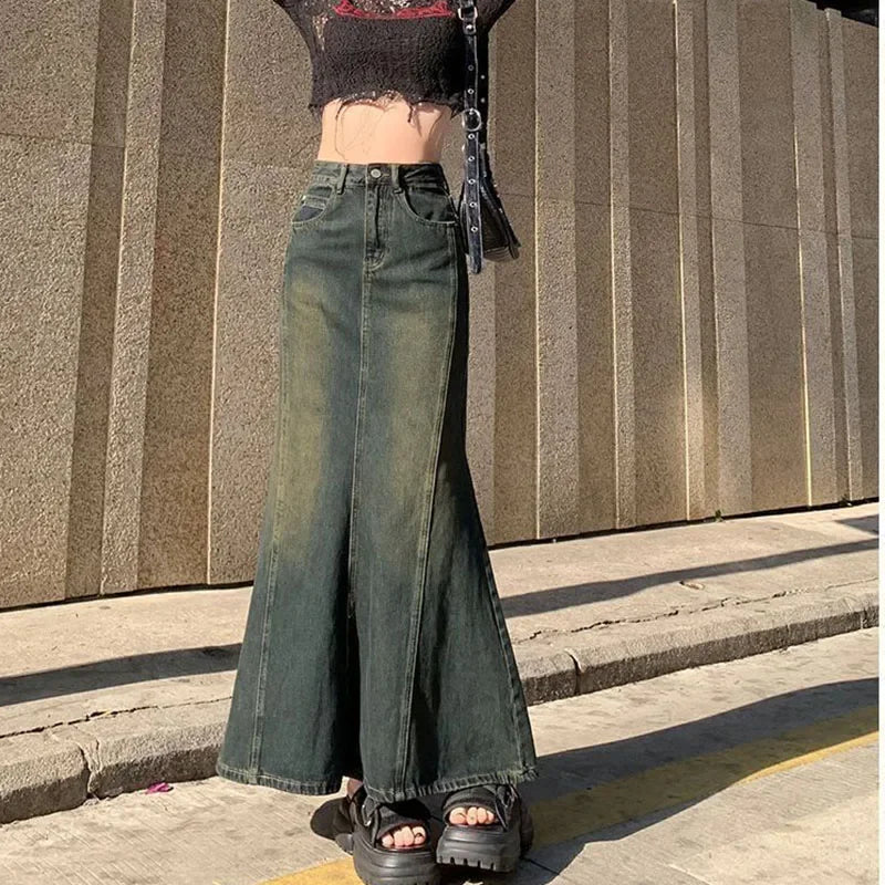 Hnewly  New Mermaid Denim Skirts Autumn Winter Woman Sexy Bandage Floor-Length Skirt Women Vintage Fashion High Waist Skirts Lady