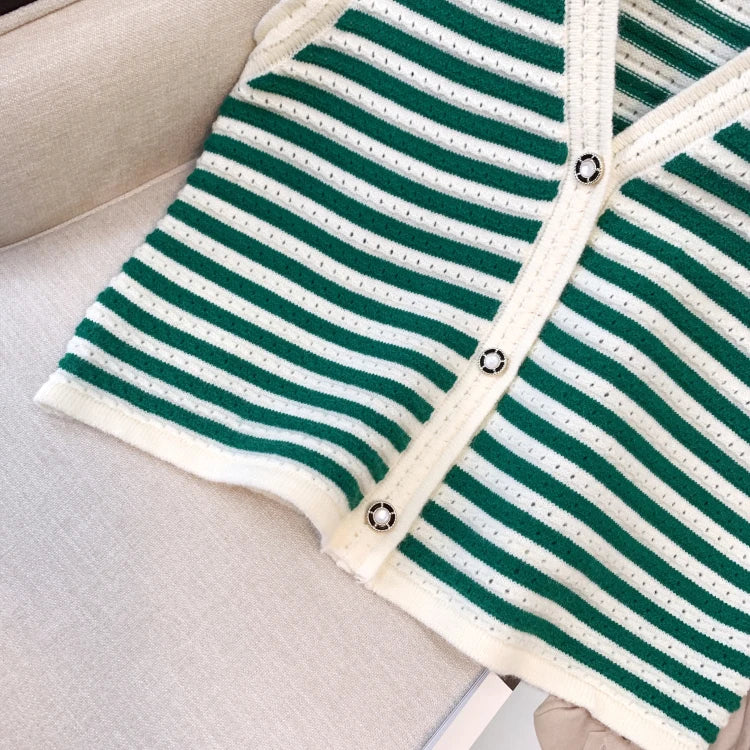 Hnewly  Spring V-Neck Striped Knitted Vest Korean Hollow Out Sleeveless Top Women's 2023 Autumn Loose All-Matched Outwear Cardigan Tank