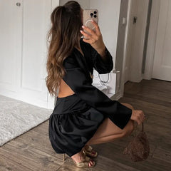 Hnewly  Sexy Hollow Pleated Dress Women Backless Fashion Long Sleeve Mini Dress Slim High Waist Female Elegant Party Dress Autumn