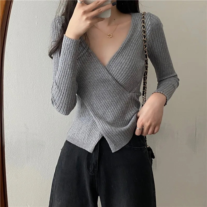 Hnewly Autumn Winter Knitwear Tops Fashion Female Long Sleeve Skinny Elastic Casual V-neck Knitted Shirts Women Pullover Sweaters