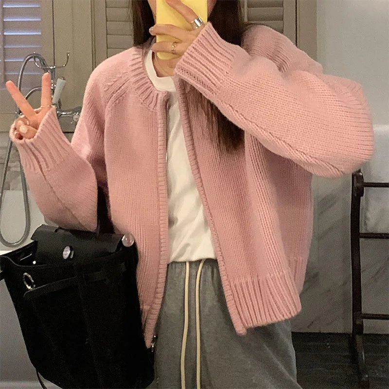 Hnewly Sweater y2k Clothes Women Soft Warm Solid Color Round Neck Zip Up Long Sleeve Knitted Tops 2000s Clothing Streetwear