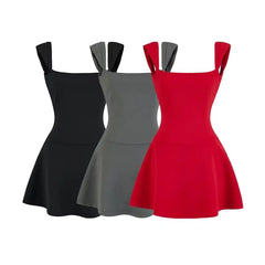 Lunivop  Summer Ballet Style Red Slash Collar Short Sleeve Backless Dress Women U Back Low Waist A-lined Swing Mini Dresses Party Robe