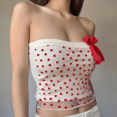 Hnewly Sexy Off Shoulder Y2K Korean Tank Top Aesthetic Print Mesh Perspective Tube Top Sleeveless BOW Temptation Crop Tops