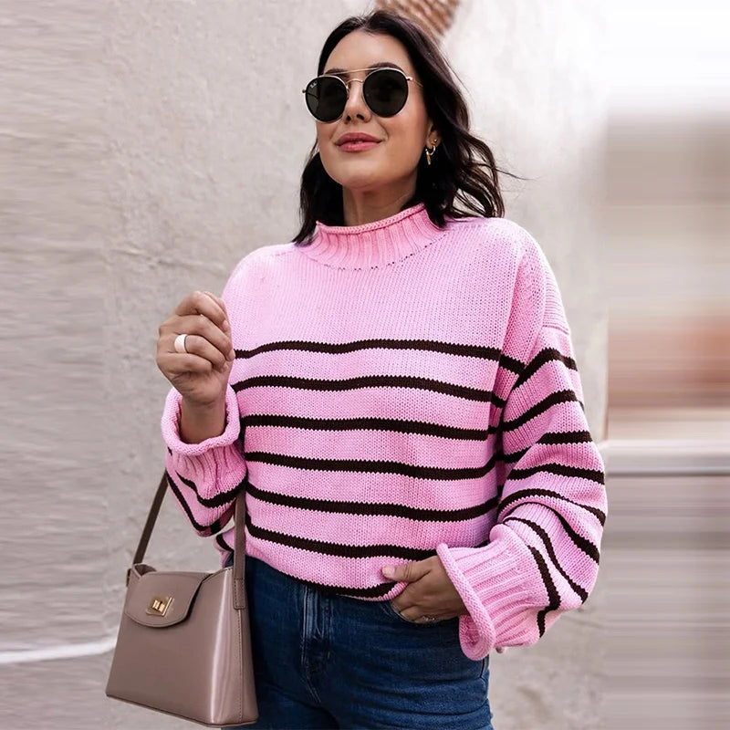 Hnewly  Casual Pink Striped Knit Sweater Women Loose O-neck Long Sleeve Female Pullovers Autumn Winter Lady All-match Warm Knitwear