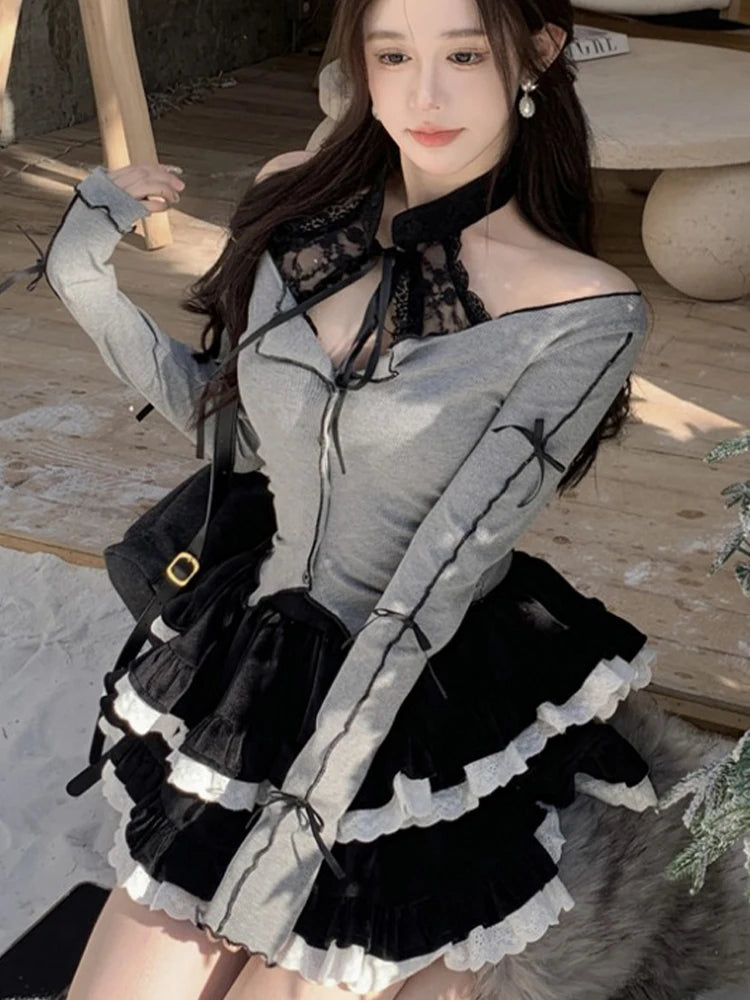 Hnewly Kawaii Skirt Set Women Japanese Lolita Dress Sets Female Korean Fashion Lace Patchwork Cake Skirt Off Shoulder Tops 2 Pieces Set
