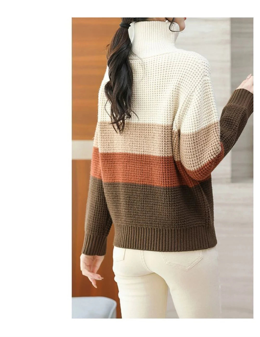 Hnewly  Knitted Stripe Sweater Women's Lapel V-neck Autumn Winter 2025 New Contrast Color Versatile Knitwear Long Sleeve Pullover Tops