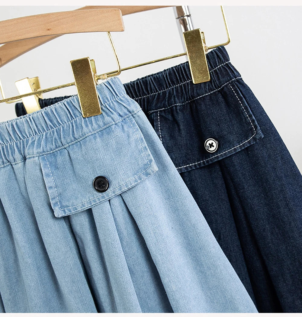 Hnewly M-5XL Oversize Denim Skirt Women's New Elastic High Waisted A-line Loose Fit Retro Knee-length Skirt with Built-in Safety Shorts