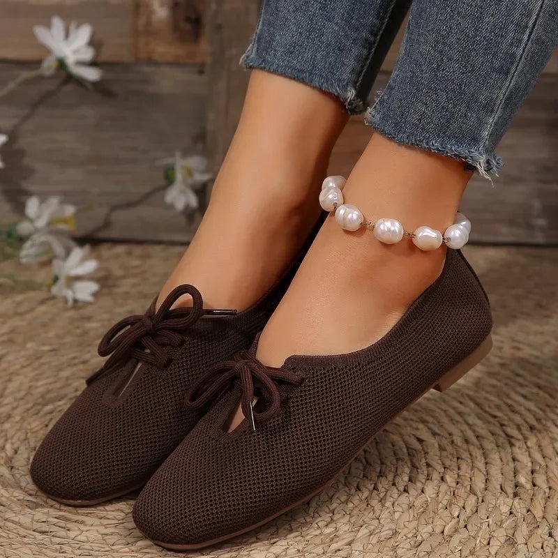 Hnewly Autumn Mesh Breathable Women's Flat Shoes Solid Simple Ballet Flats Female Casual Lace-up Walking Shoes for Women