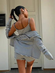 Hnewly  Striped Knit Women Casual Camisole Top Jacket Shorts Set