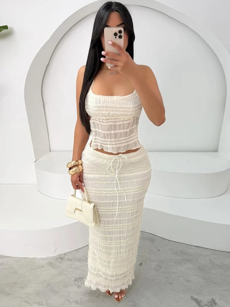 Hnewly  Mesh Backless 2 Piece Set Women Halter Lace-Up See Through Crop Tops+Loose Elegant Long Skirts Vacation Trend Outfits