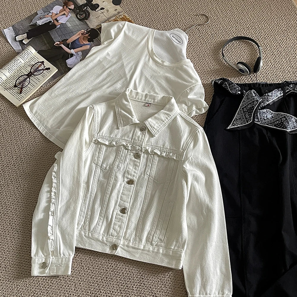 Hnewly  Ruffled Hem Denim Jacket Women's 2025 Spring New Korean Style Solid Color Long Sleeved Fashion Versatile Cardigan Female Tops