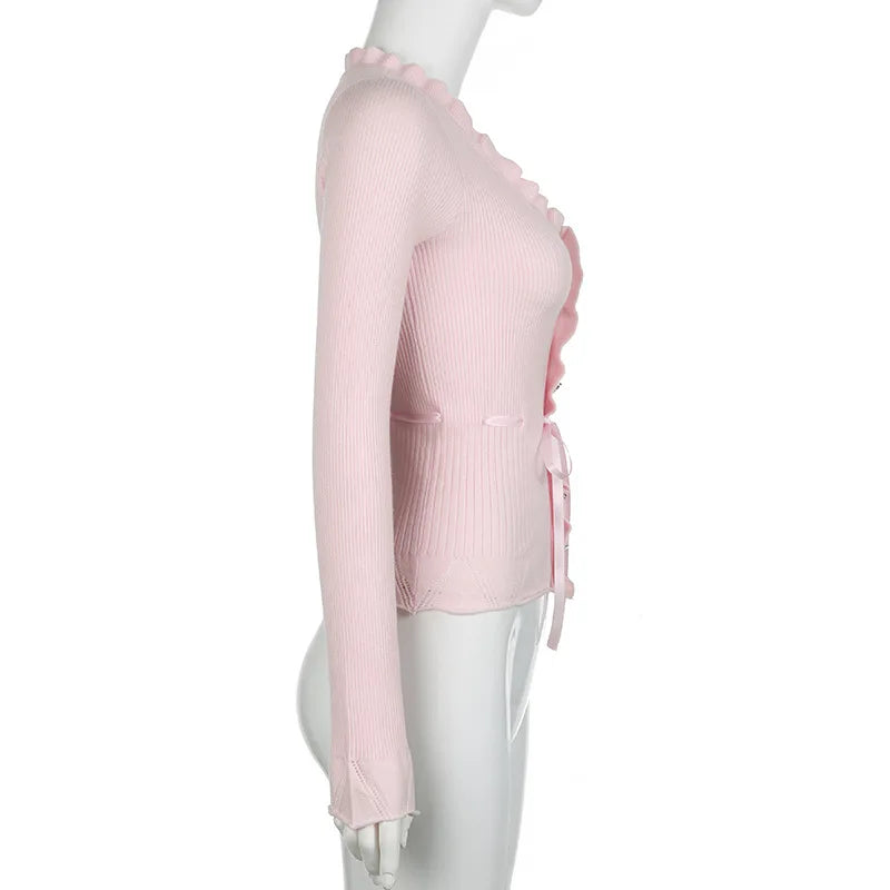 Hnewly Fairycore Clothing Top y2k Women Ruffle Lace Patchwork Long Sleeve Knitted T Shirt 2000s Coquette Clothes Streetwear