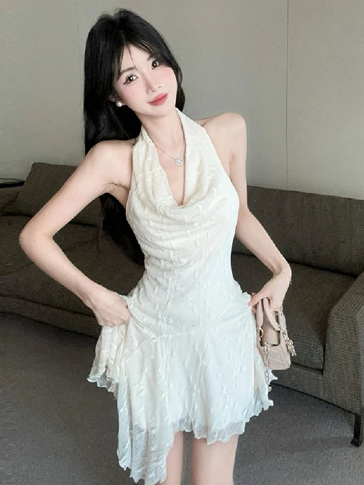 Hnewly  Woman Dress Sleeveless Halter Swinging Collar Backless Sweet Slim Sexy Elegant Party Mini Dresses Female Clubwear