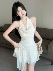 Hnewly  Woman Dress Sleeveless Halter Swinging Collar Backless Sweet Slim Sexy Elegant Party Mini Dresses Female Clubwear