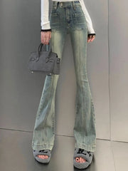 Hnewly Pockets Vintage High Waist Skinny Jeans Female Hong Kong Style Denim Bell Bottom Pants Spicy Girl Blue Oversized Boot Cut Jeans