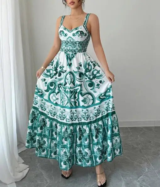 Hnewly  Women's Elegant and Minimalist Sleeveless Maxi Dress, Floral Baroque Print with V - Neck and Tiered Skirt