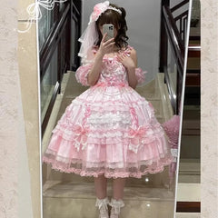 Hnewly  Pink Sweet Lolita Evening Dresses for Women Girls Cute Bow Lace Pearl Chain Sling Dress JSK Princess Birthday Party Dres