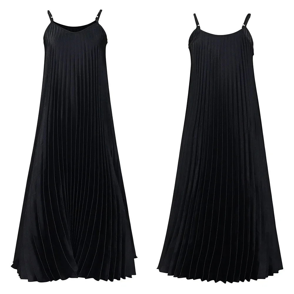 Hnewly  Women's summer new suspender pleated sexy fashion casual A-line skirt solid color maxi dress dress