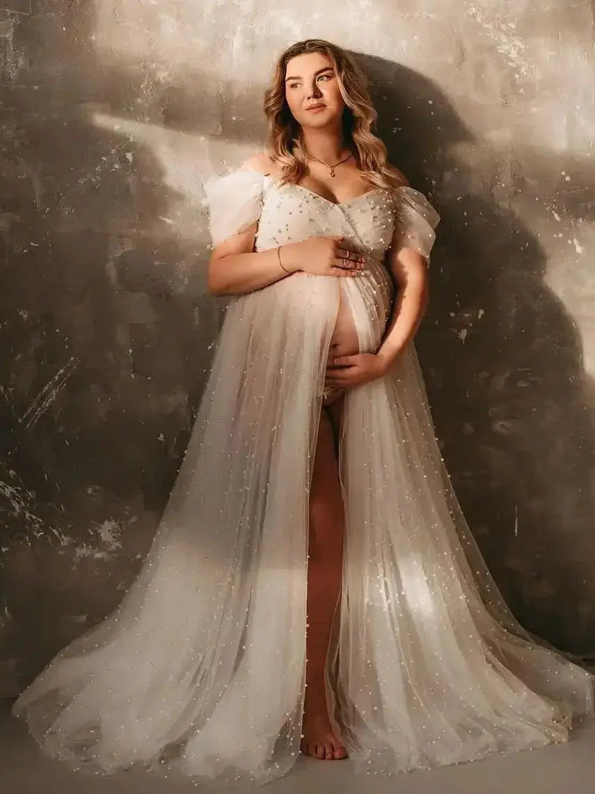Hnewly  Sheer Elegant Maternity Dresses Drop Shoulders Gown with Pearls Beads High Slit Dress for Pregnant Wife Valentines Gift