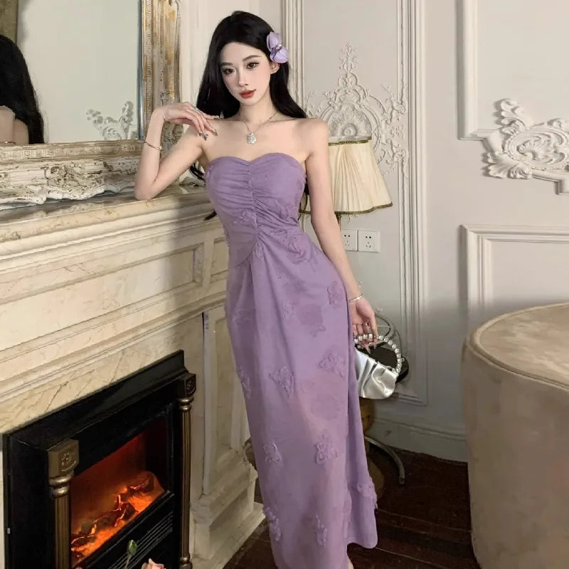 Hnewly  Woman Dress Sweet Sexy Strapless Flowers Slim Backless Vintage Elegant Summer Fashion Party Female Dresses Casual