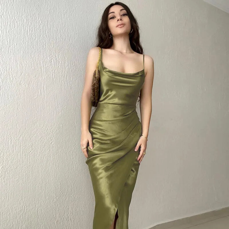 Hnewly Women's Spring New Strap Women's Dress, European and American High end Sexy Spicy Girl, Low cut Satin Split Back