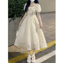 Hnewly  Summer Puff Sleeve Princess Dress Women French Style Bow Tie Midi Dress Slim A-line Girl Party Fairy Dress