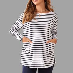 Hnewly  Women's Maternity Classic Stripes Loose Nursing T-Shirt Long Sleeve Pregnancy Soft Friendly Casual Top for Mom Spring/Fall