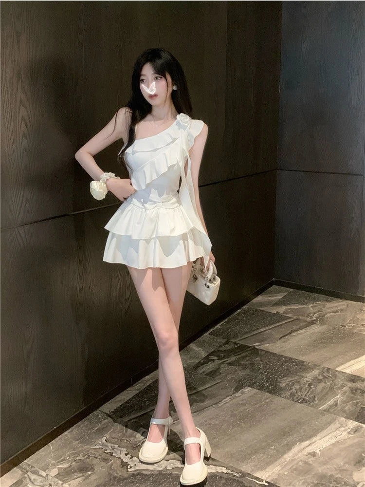 Hnewly Summer Japanese 2 Piece Skirt Set Women Off-the-Shoulder Sexy Y2k Crop Top Slim Fit Ruffle Y2k Mini Skirt Chiffon Korean