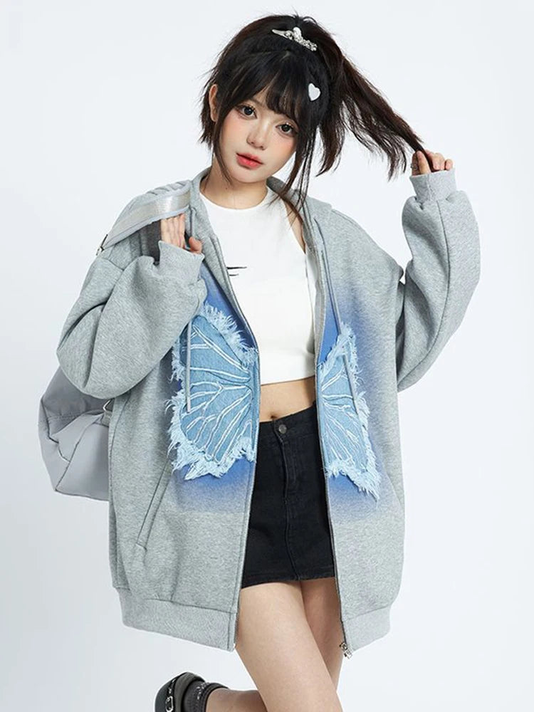 Hnewly Vintage Women Y2K Hoodies Bufferfly Loose Long Sleeve Streetwear Sweatshirts Harajuku Casual Fall Lady Retro American Tops