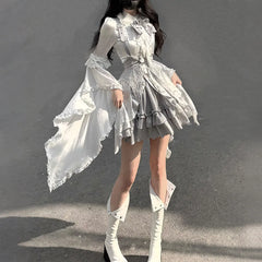 Hnewly  Original Gothic Lolita Dress Set Spring and Summer New Women's Sweet Slim-Fit Horn Sleeves Shirt Skirt Waist Seal 3-piece Set