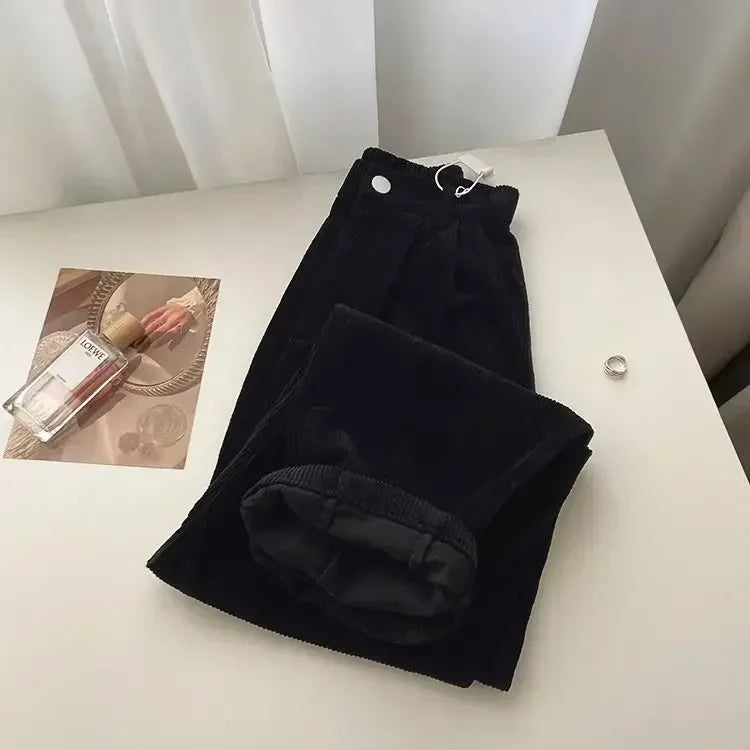 Hnewly Retro High Waist Corduroy Pants Women Spring Fall Straight Causal Full Length Trousers Korean Fashion Baggy All Match Black Pant