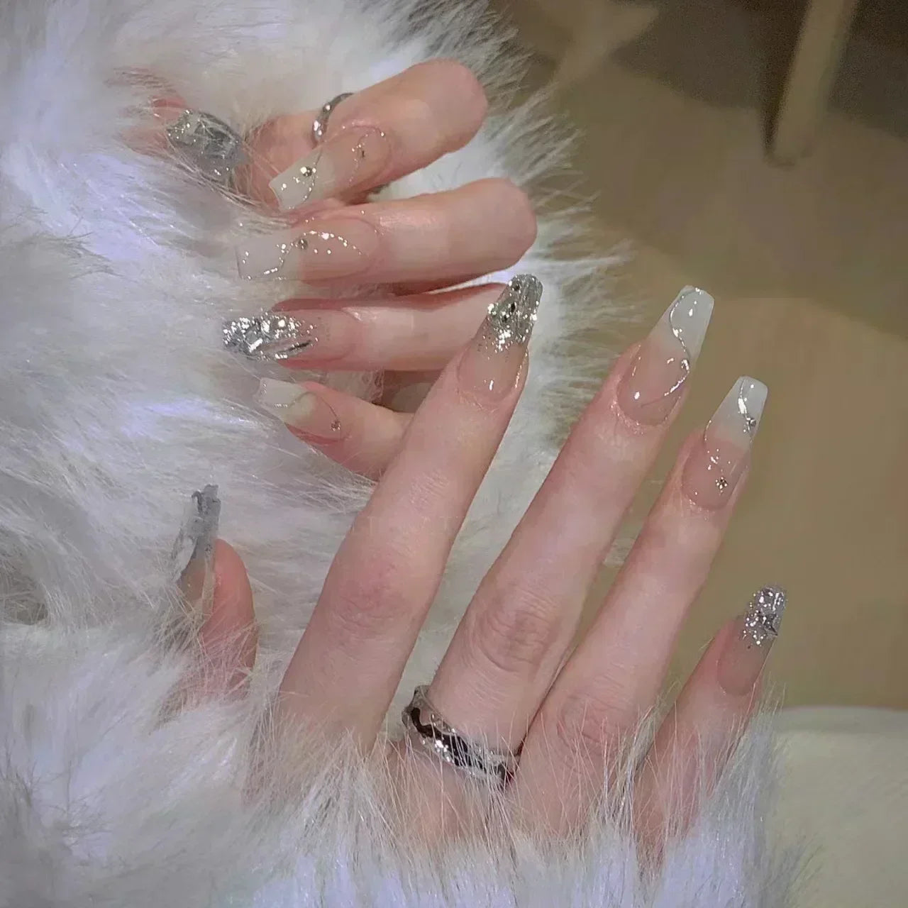 Hnewly 24Pcs False Nails French Gradient Ballet Fake Nails Press on Nails Black Heart Rhinestone Design Glitter Full Cover Nail Tips