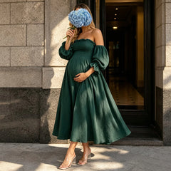 Hnewly  Soft Gauze Cotton Maternity Gown Off Shoulder Elastic Top With Bubble Sleeves Dress Breathable Flowly for Pregnancy Photos