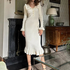 Hnewly  Elegant Knitted Long Skirt Women Black Vintage Long Sleeve Party Dresses Sweet Ruffle Patchwork Sweater Maxi Dress Slim