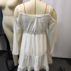 Hnewly  Retro Women's Summer Long Sleeve White Mini Dress Casual Long Sleeve Sundress Sexy Slim Spaghetti Strap Vestidos De Mujer