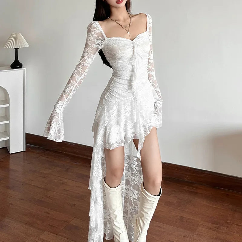 Hnewly  Fairycore Lace Flare Sleeve Square Neck A-line Dress Sweet E-girl Irregular Long Hem Dresses Cyber Y2K Party Vestido