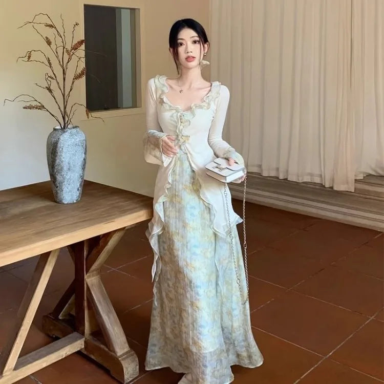 Hnewly 2025 Spring New Slim Fit Ruffles Long Sleeve Tops Women+ Y2k Mid-length Flower Print Skirts  Chinese Style Two Piece Sets