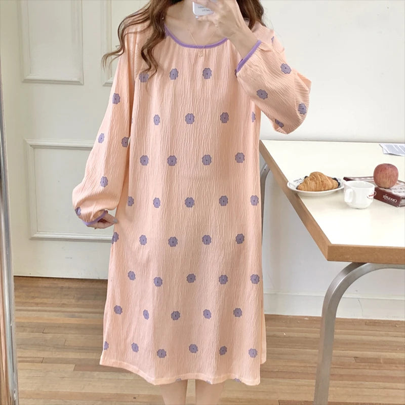 Hnewly Long Sleeve Nightgowns Women Floral Bow Temper Autumn Home Cozy Aesthetic O-neck Prairie Chic All-match Sleepwear Korean Style