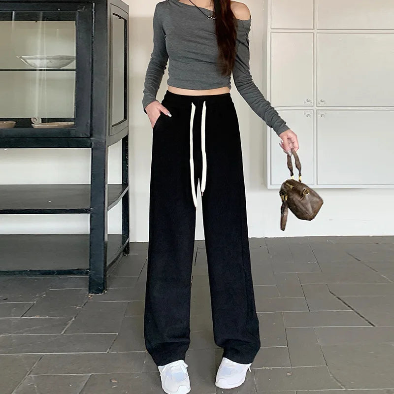 Hnewly  Wide Leg Pants High Waisted Womens Spring Linen Pleats School Lace-Up Kawaii Students Aesthetics Breathable Comfort Trousers Ins