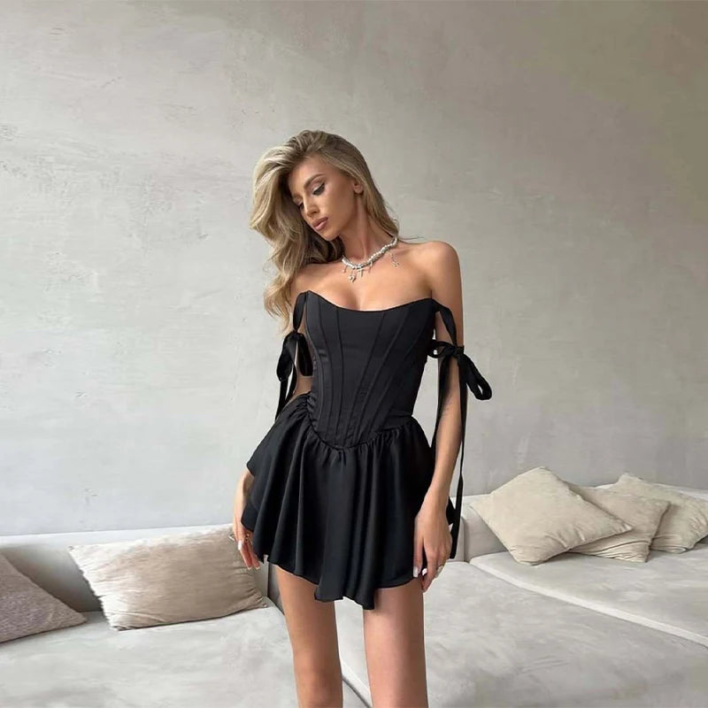 Hnewly  Elegant Women Dress Halter Lace Up Fish Bone Slim Ruched Hem A-line Solid Female Dresses Summer Party Chic Lady Short Robe