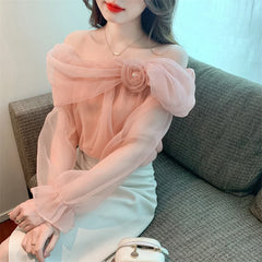 Hnewly   New French Off Shoulder Top Sexy Sweet Long Sleeve Chiffon Shirt Blouse Women's 3D Flower Pink Off White Shirt Top
