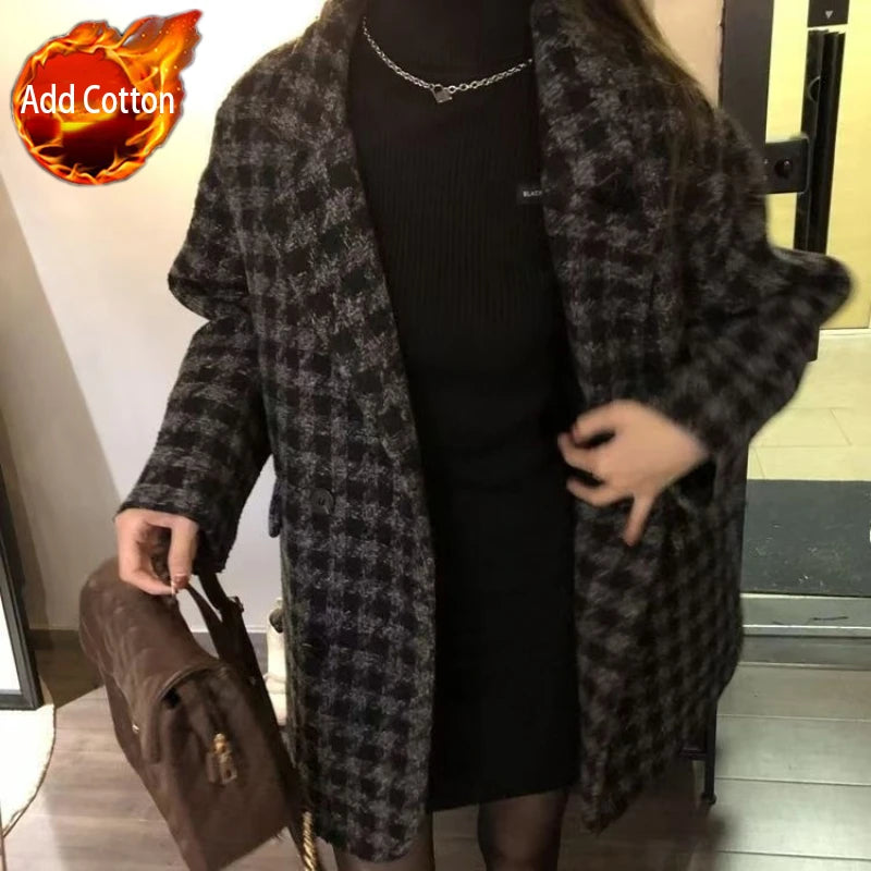 Hnewly  Women's Plus Size Warm Plaid Coat Loose Fit Thickened Quilted Mid Length Trench Style Blazer  Autumn