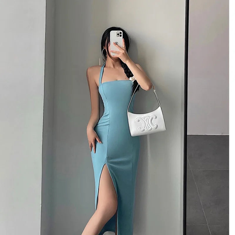 Hnewly European Summer Fashion New Simple Casual Style Sexy Trend Slim Dress Solid Color Side Slit Sleeveless Women's WCWZ