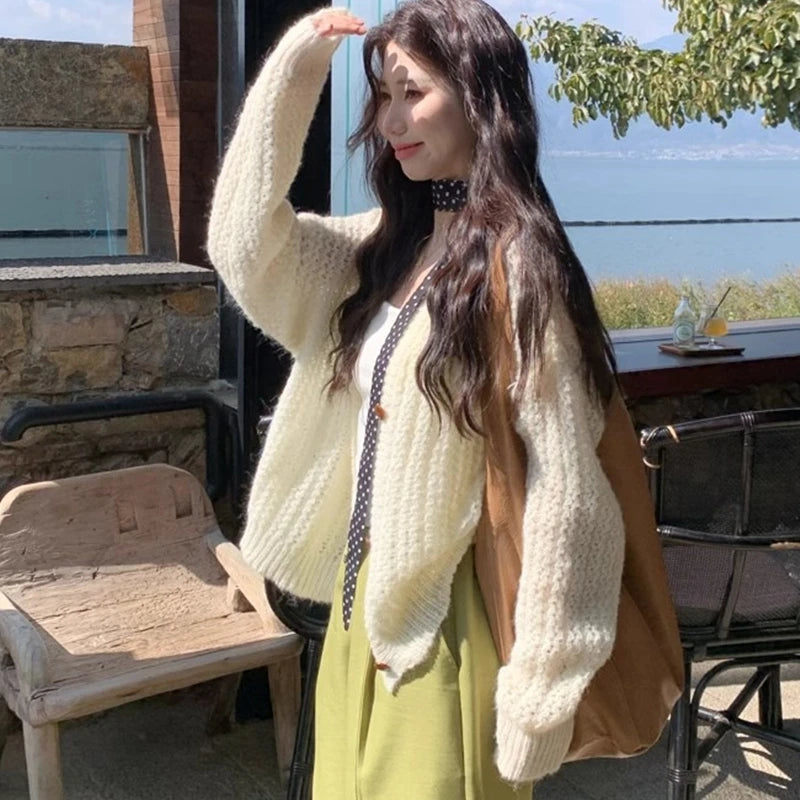Hnewly  Open Knit Cardigan for Women Long Sleeve V-neck Button Up Sweater Jacket Autumn Winter Ladies Slouchy Casual Outfit