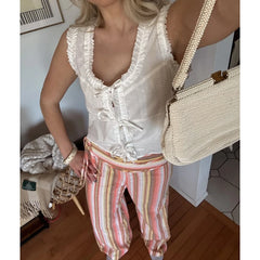 Hnewly  Women's Y2k Striped Long Pants Side Drawstring Bow Tied Low Waist Baggy Wide Leg Beach Trousers Wide Belted Bottoms