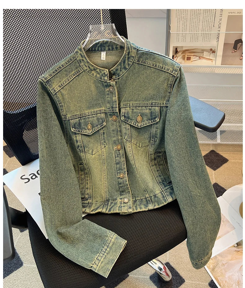 Hnewly  Fashion Denim Jacket Loose Casual Retro Jeans Short Coat Women's Spring Autumn Elegant Korean Standing Collar Long Sleeve Top