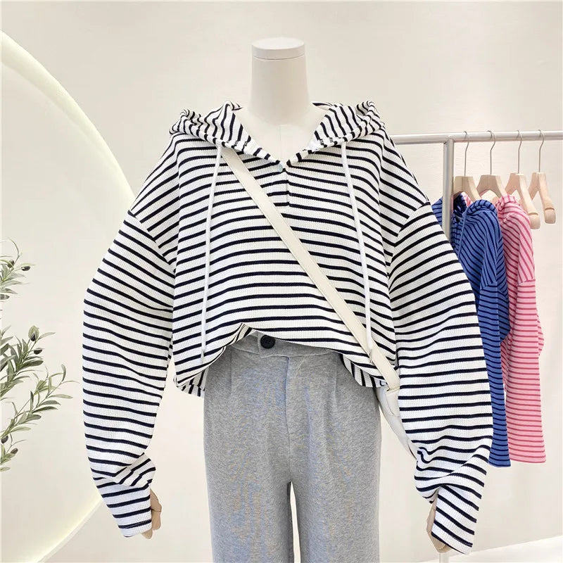 Hnewly  New Striped Hoodie Sweatshirt Women's Spring Autumn 2025 Fashion Preppy Style Retro Long Sleeve Top Loose Pullover Jacket