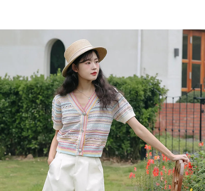Hnewly Rainbow Striped Knitted Sweater For Women's 2025 Summer New  Thin Short Sleeved V-neck Hollow Out Holiday Sun Protection Top